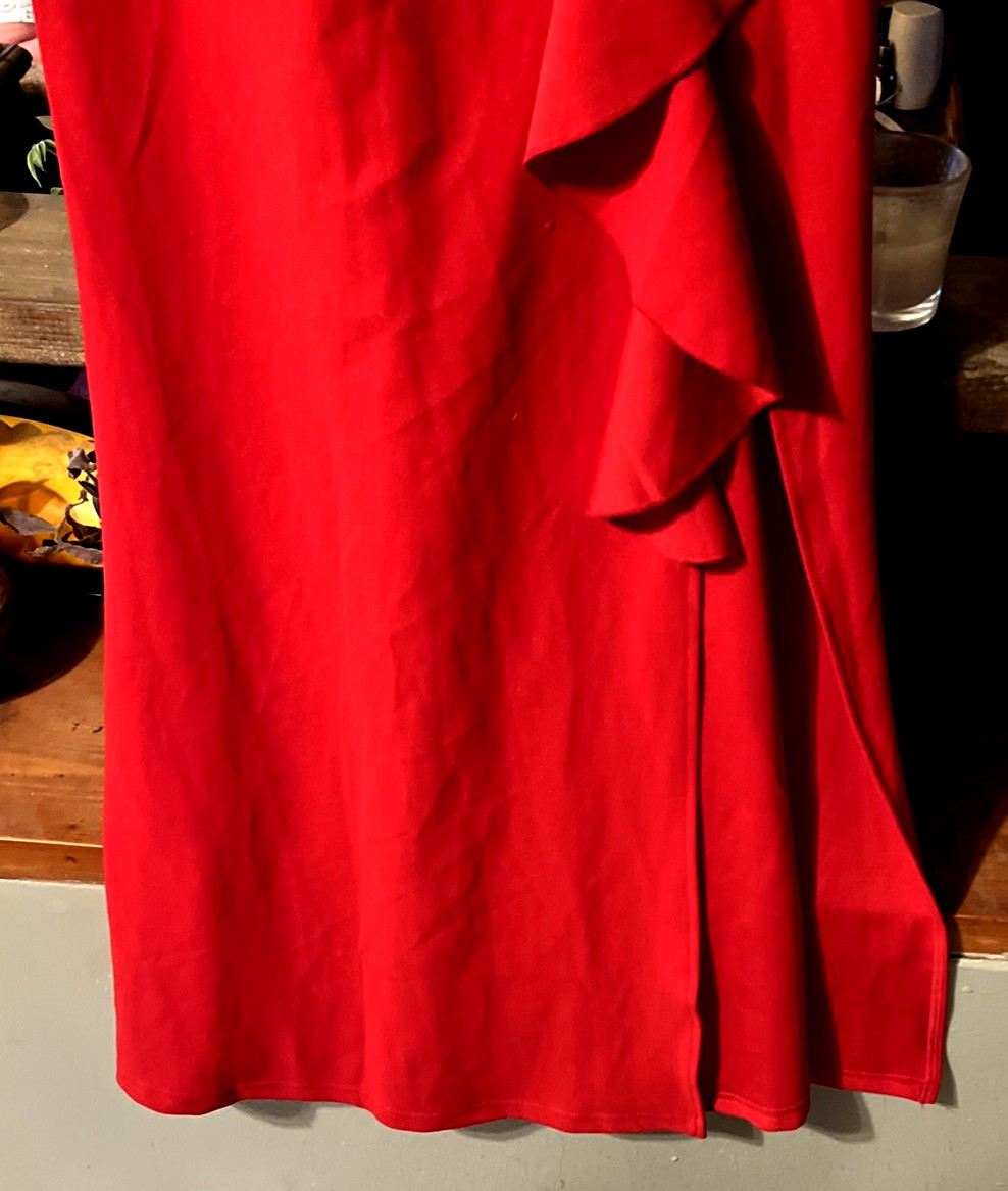 Woosea Women Size L Red Formal Ruffled/Split Front Round Neck Cape Sleeve Dress