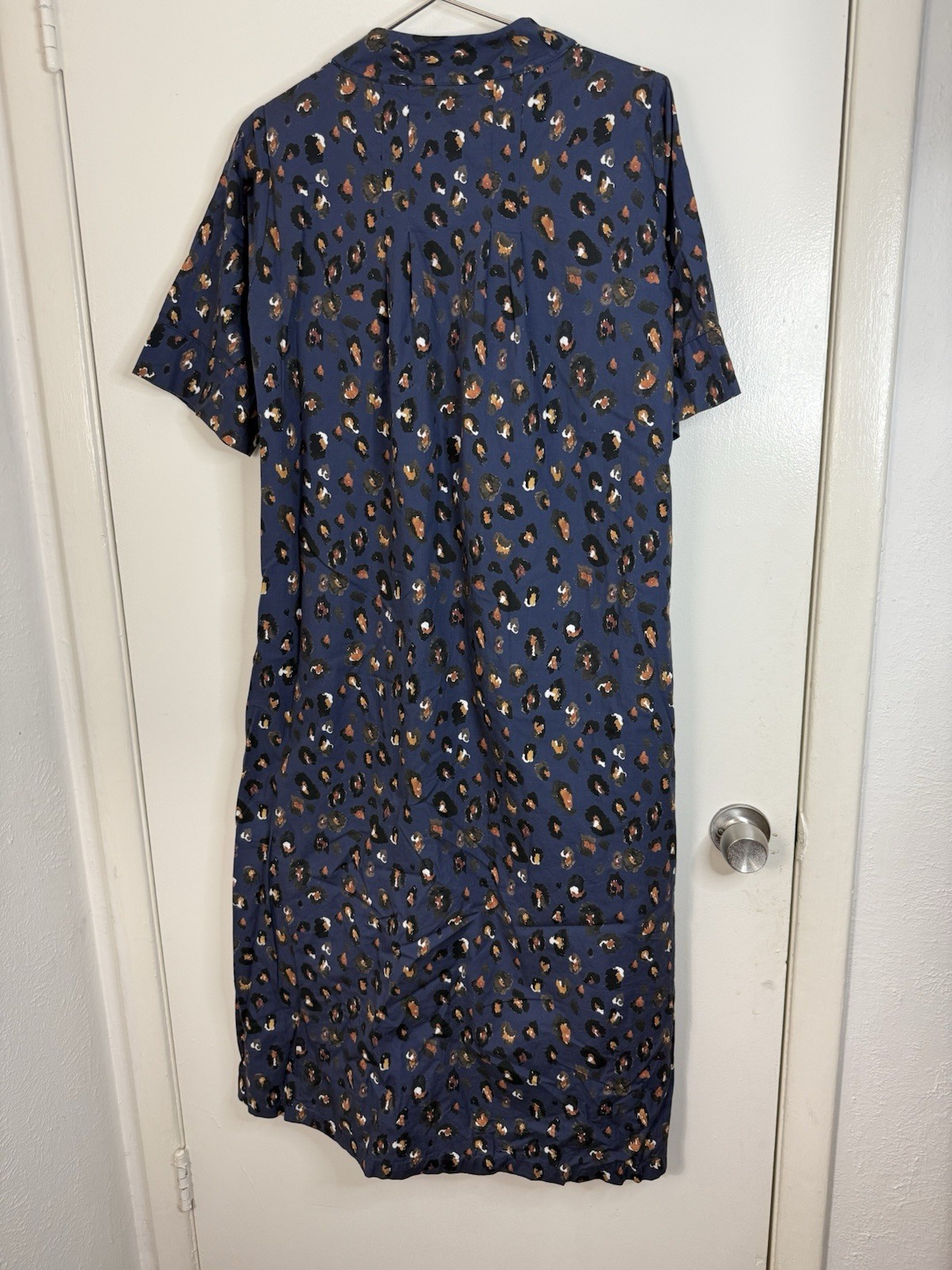 Brooke Wright Henrietta leopard blue short sleeve poplin cotton maxi dress. S