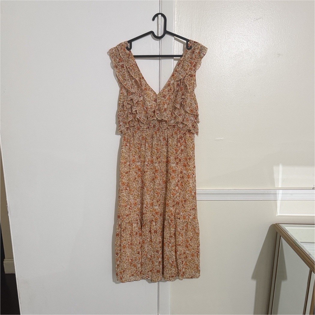 Black Tape Orange Yellow Beige Floral Chiffon Ruffle Sleeveless Midi Dress XL