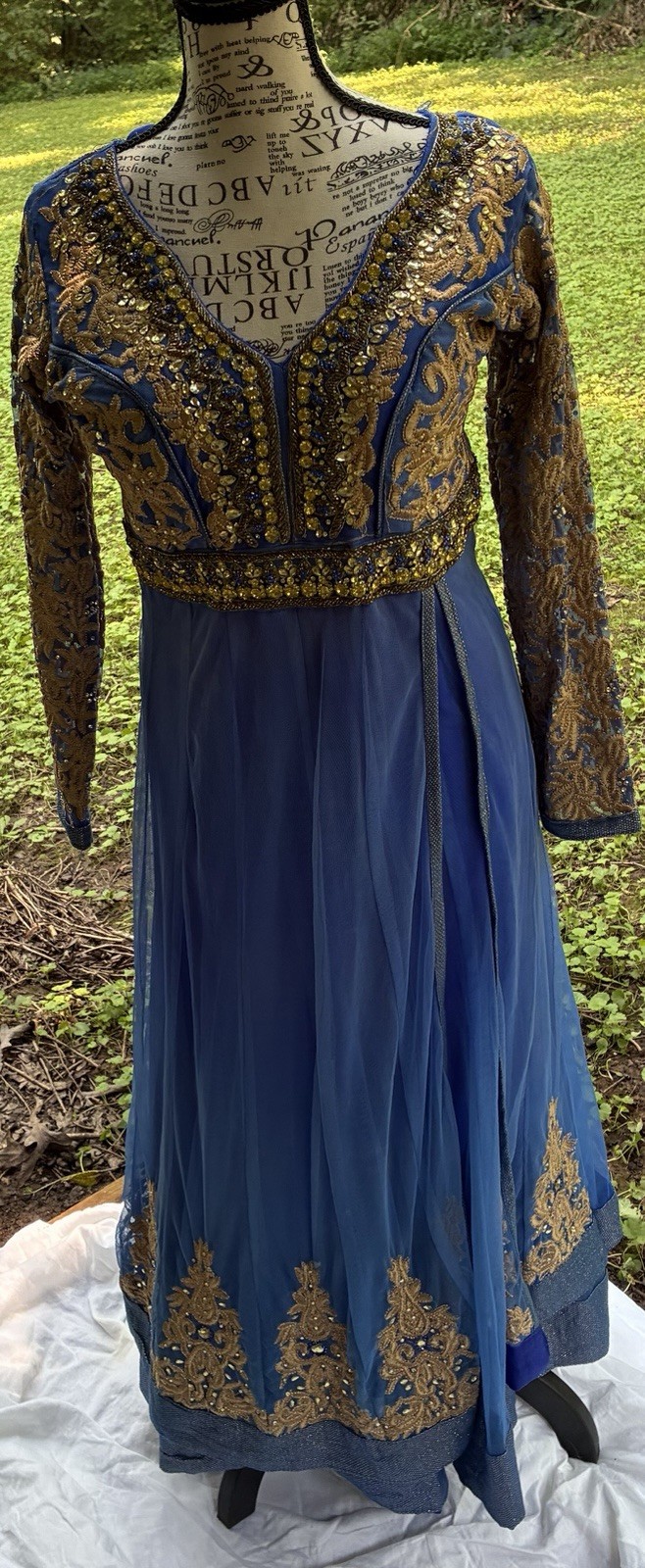 Women’s Indian Royal Blue/Gold Beaded Embroidered Sheer Mesh V-Neck Long Gown