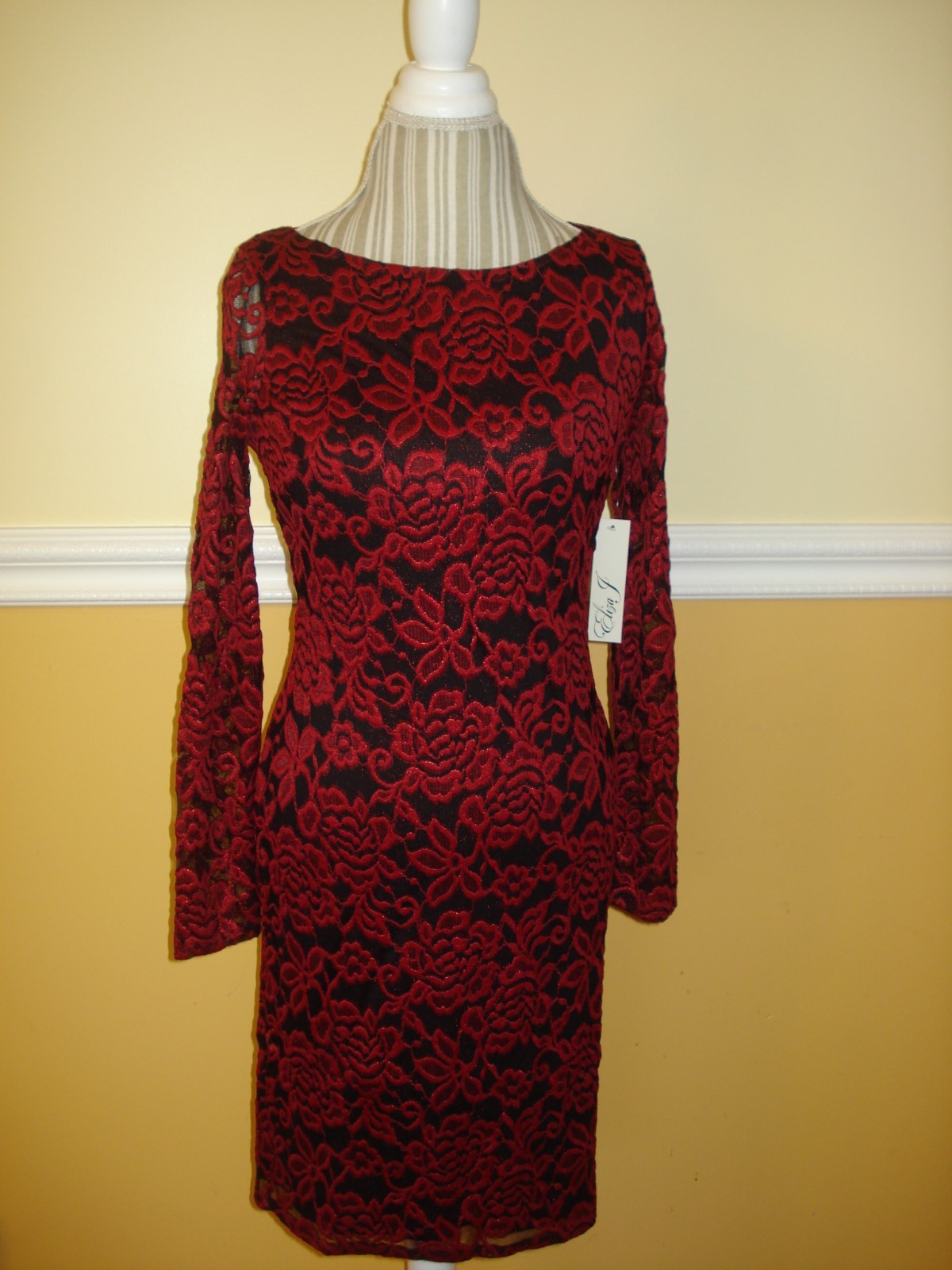 Eliza J Lace Long Sleeves Red/Black Cocktail Sheath Dress Sz 4,6,8,10,12,14,16