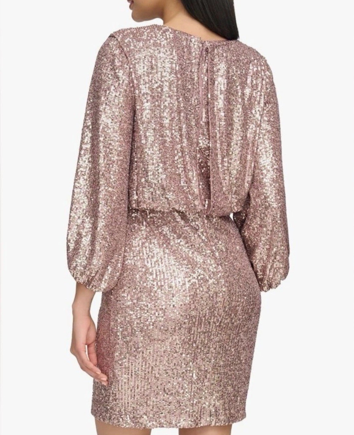 Eliza J Cocktail Sequin Mini Dress~ Rose Gold V-Neck Sheath/Balloon Sleeves NEW