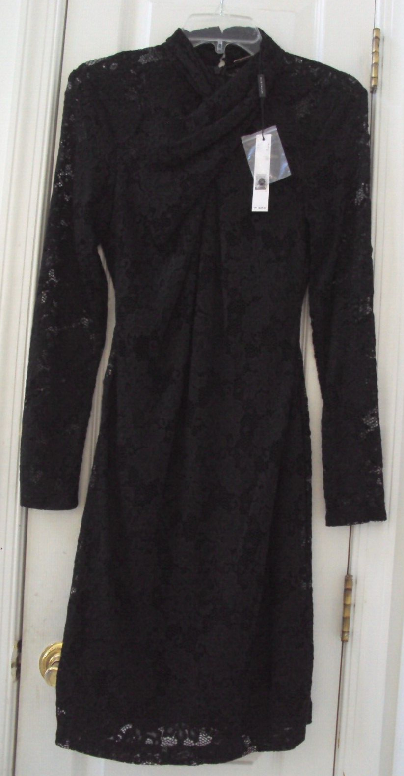 NEW TAG ELIE TAHARI 4 BLACK CRISS-CROSS MOCK HIGH-NECK PENCIL LACE DRESS $225.00