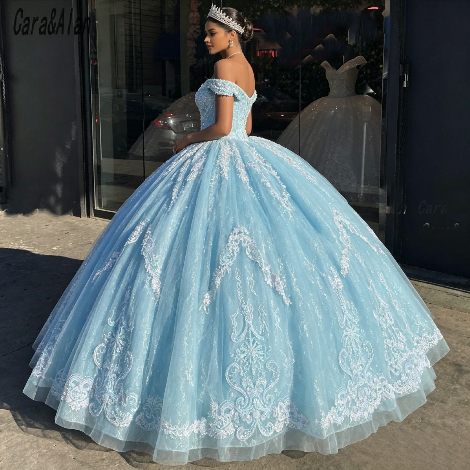 Light Blue Sequin Lace Quinceanera Ball Gown Sparkly Tulle Sweet 16 Dress