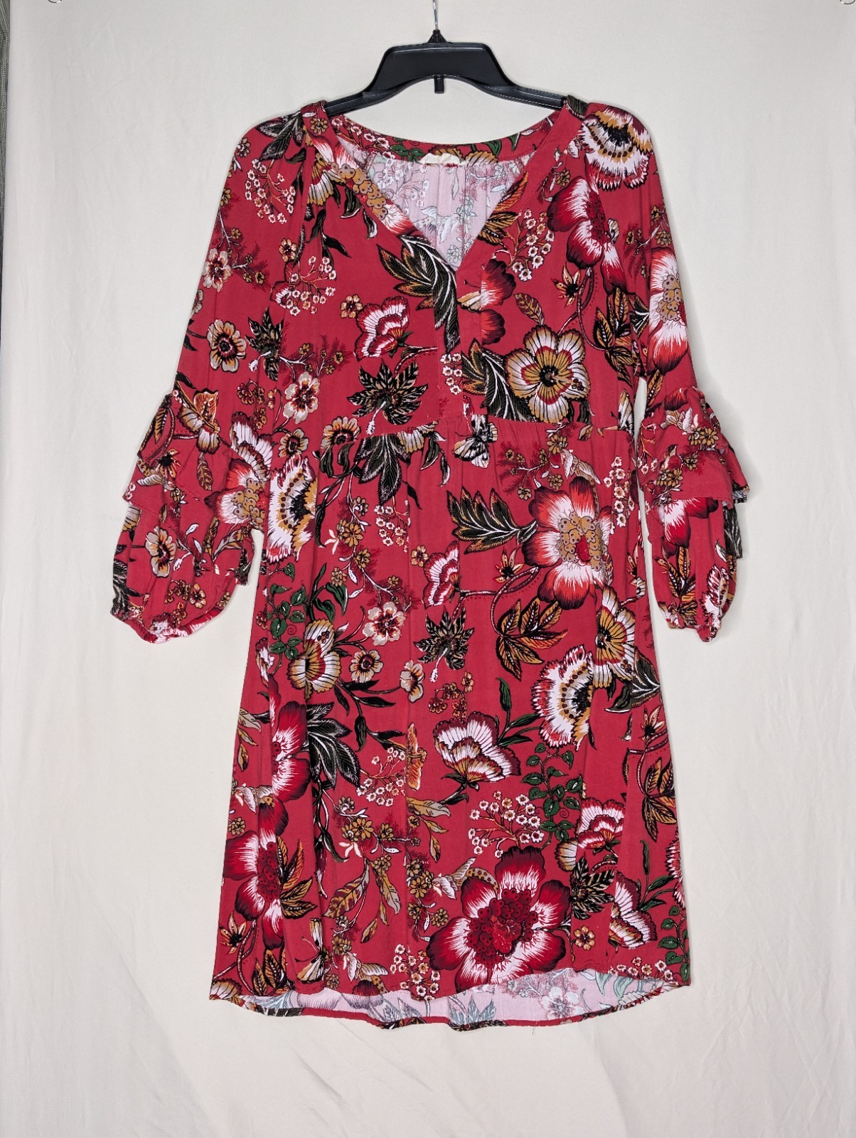 Hope Springs Women’s Red Floral Long Sleeve Dress Size Medium V Neck