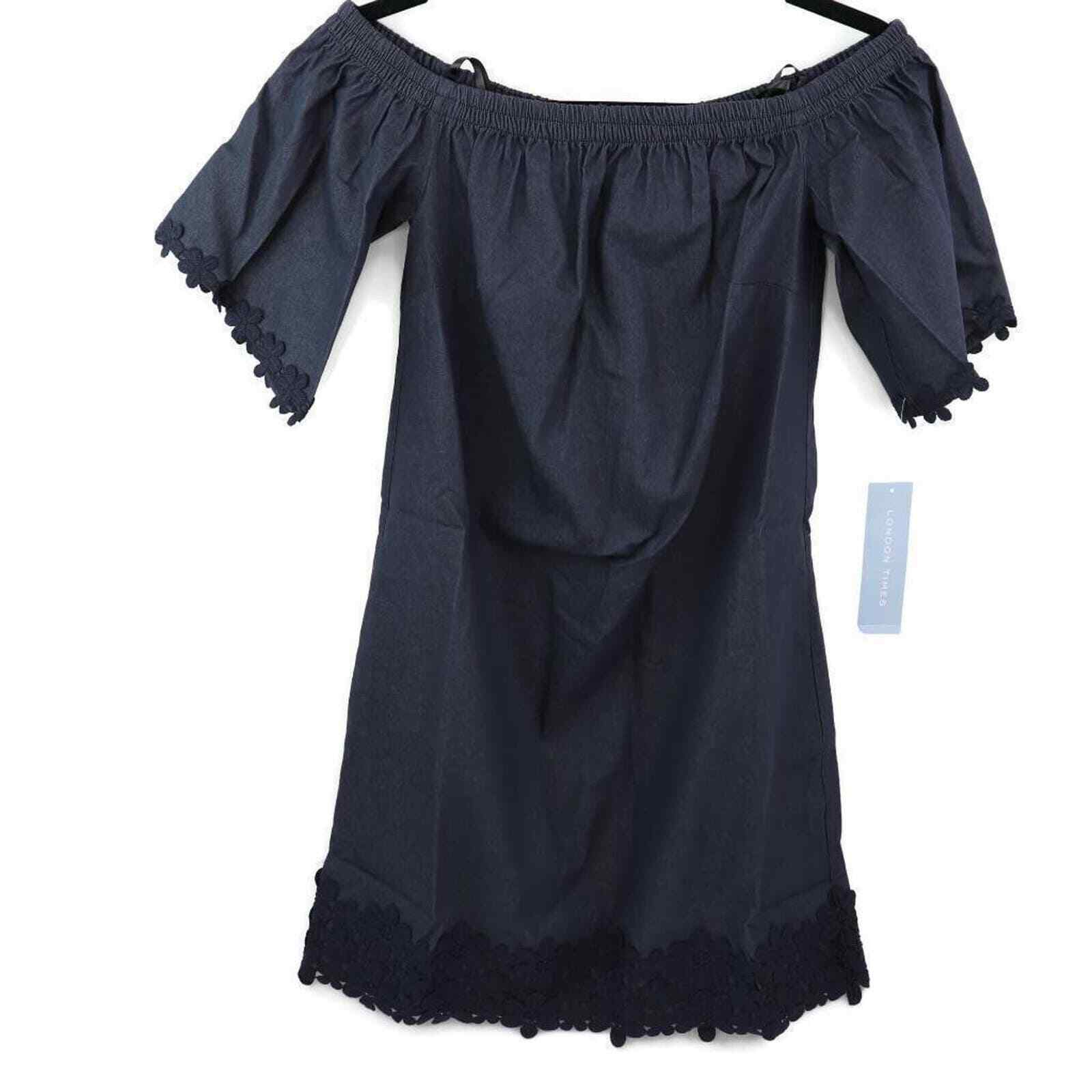 London Times Womens Denim Dress Off Shoulder Shift Blue Lace Trim Stretch 4 New