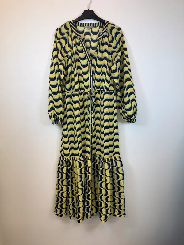 Oliver Bonas Women’s Yellow & Blue Summer Swirl Smock Maxi Dress UK 10