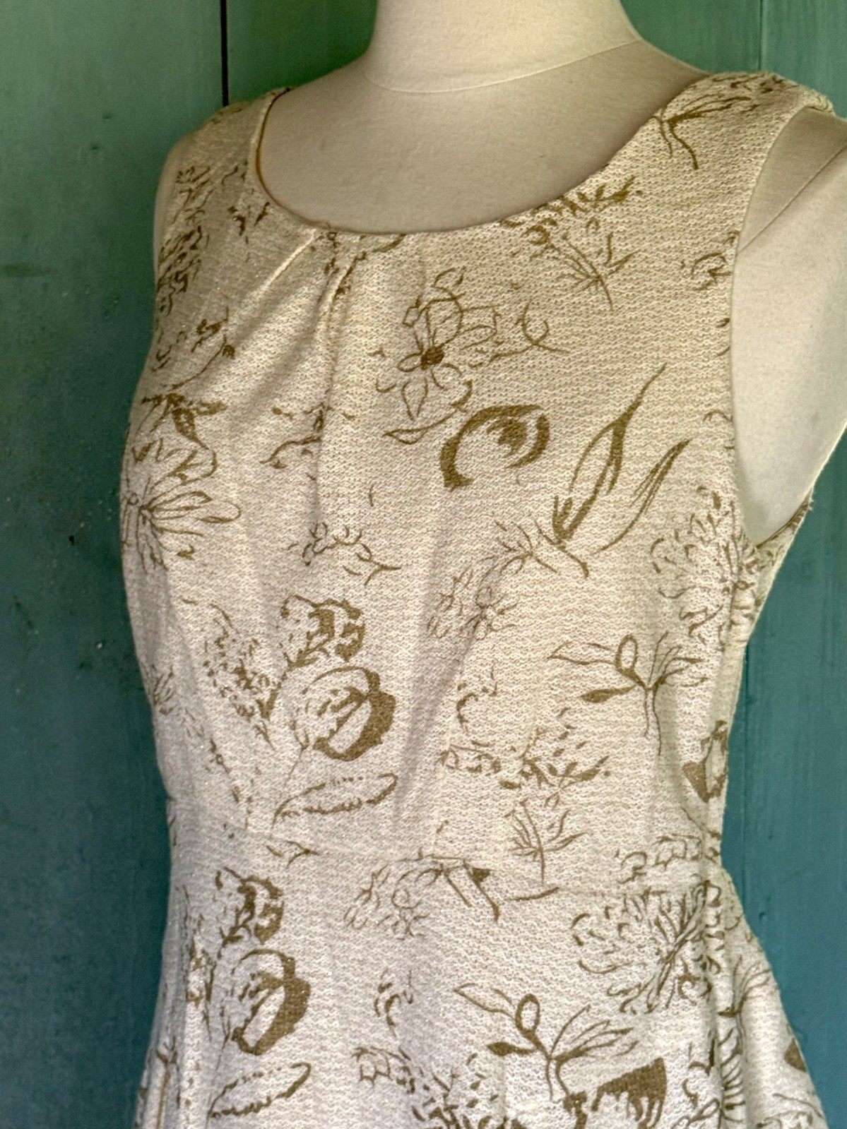 Moulinette Soeurs Sheath Dress Brocade Jacquard Cream Gold Peplum Open Back 6