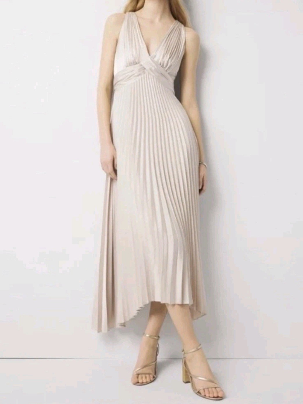 White House Black Market Satin Pleated Midi Dress PUMICE NWT $195 10