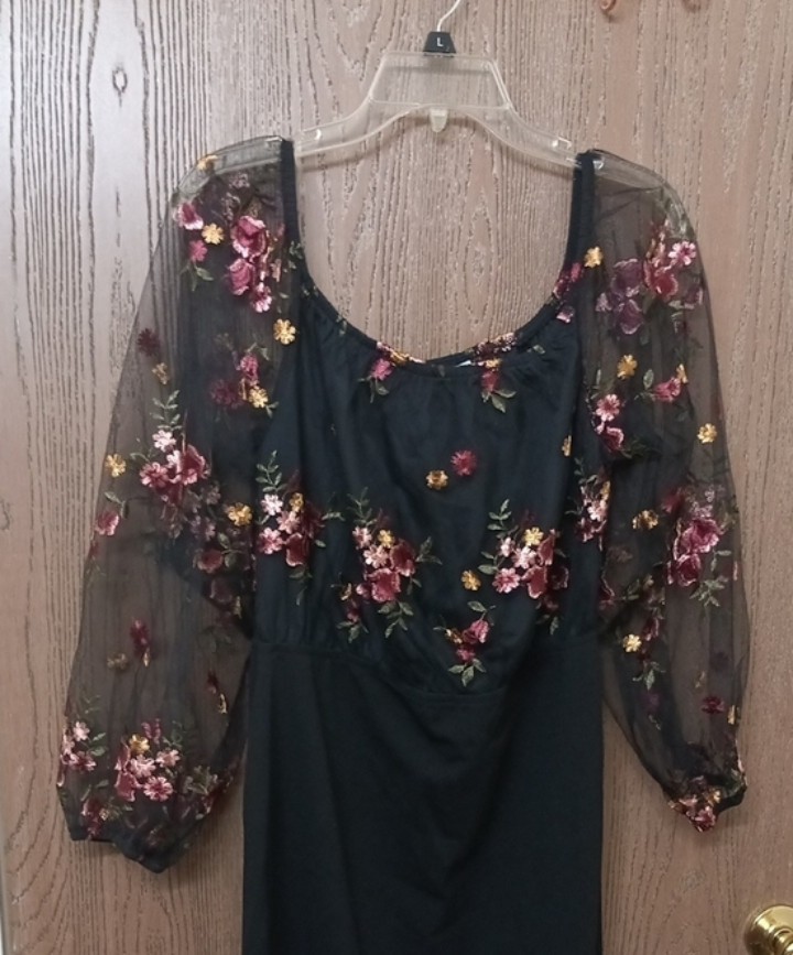 Satinz XL Black Sheer Mesh Embroidered Floral Midi Dress Long Sleeve A-Line
