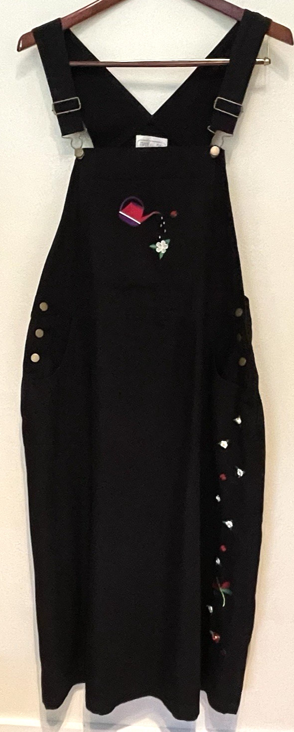 Vintage Mandal Bay Denim Jumper Dress Black Bib Midi Embroidered Size XXL