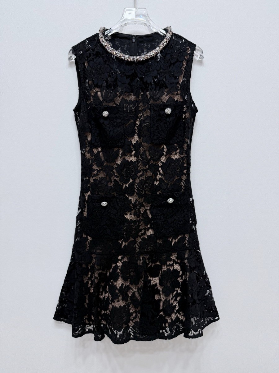 Self-Portrait Black Colored diamond Round neck Sleeveless Lace Dresses