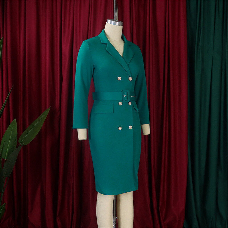 Solid Color Commute Ol Double Breasted Plus Size Suit Collar Temperament Dress