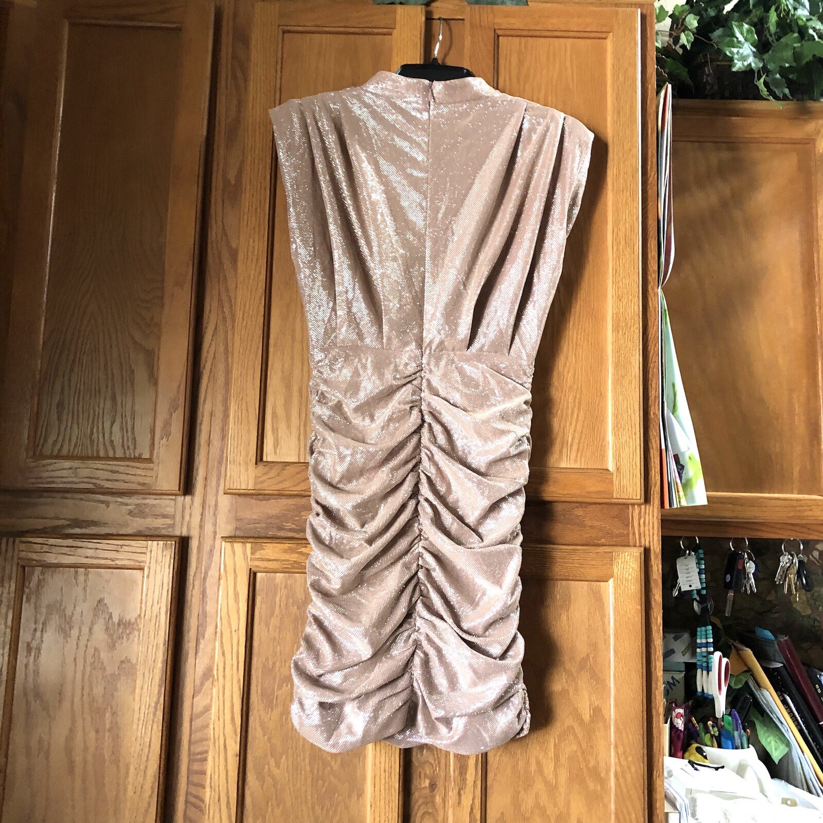 Line & Dot Women’s High Neck Ruched Sleeveless Bodycon Mini Dress Champagne XS