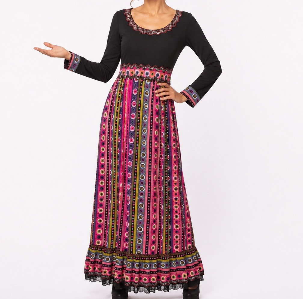 VTG 70s Sandine Originals NY Boho Maxi Dress Sz 13 Psychedelic Floral Empire USA