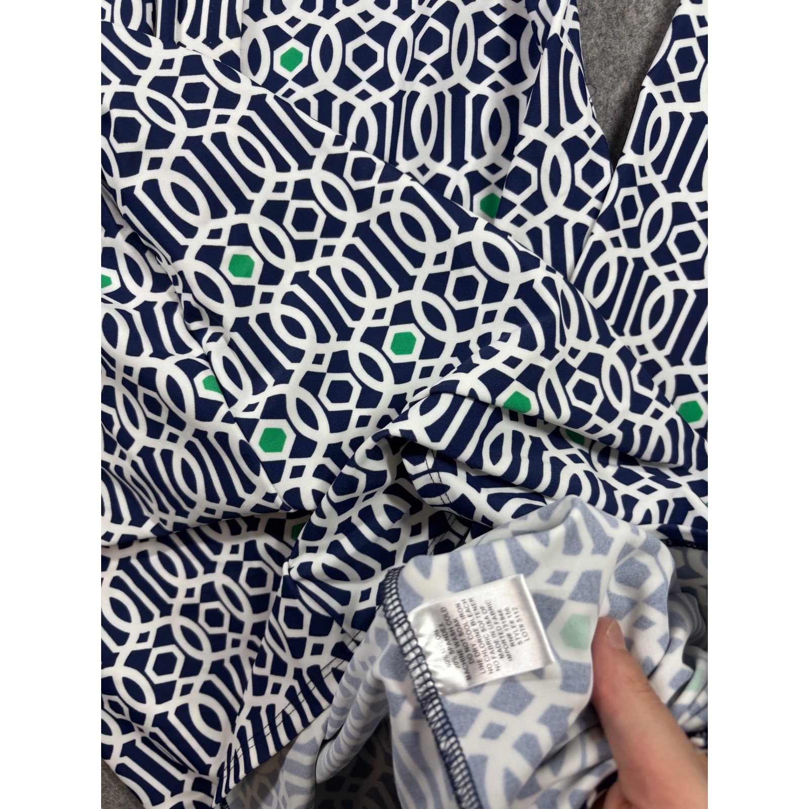 Jude Connally Navy Green Geometric Link Print Button Front Shirt Dress Womens M