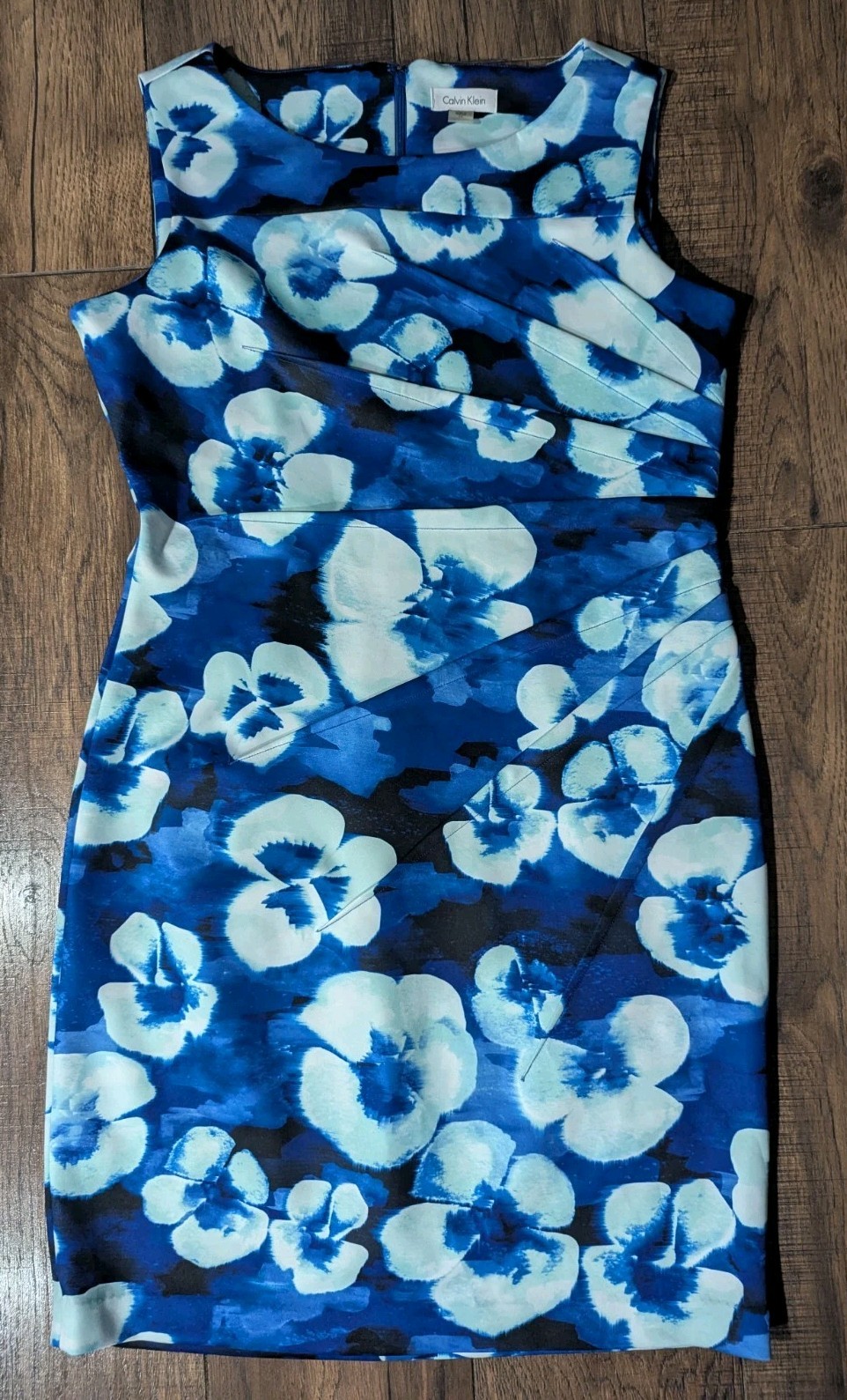 Calvin Klein Blue Floral Watercolor Sheath Dress w/ Side Gathered Pleats Size 14