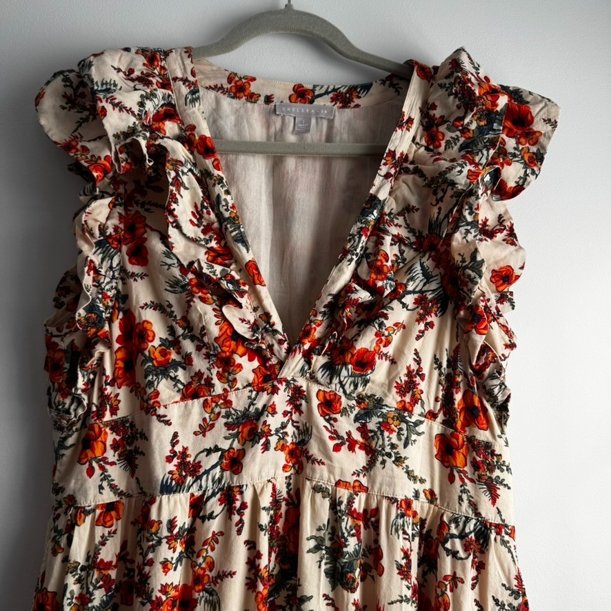 NWOT Chelsea28 Floral Print Ruffle Sleeve Organic Cotton Blend Dress – L