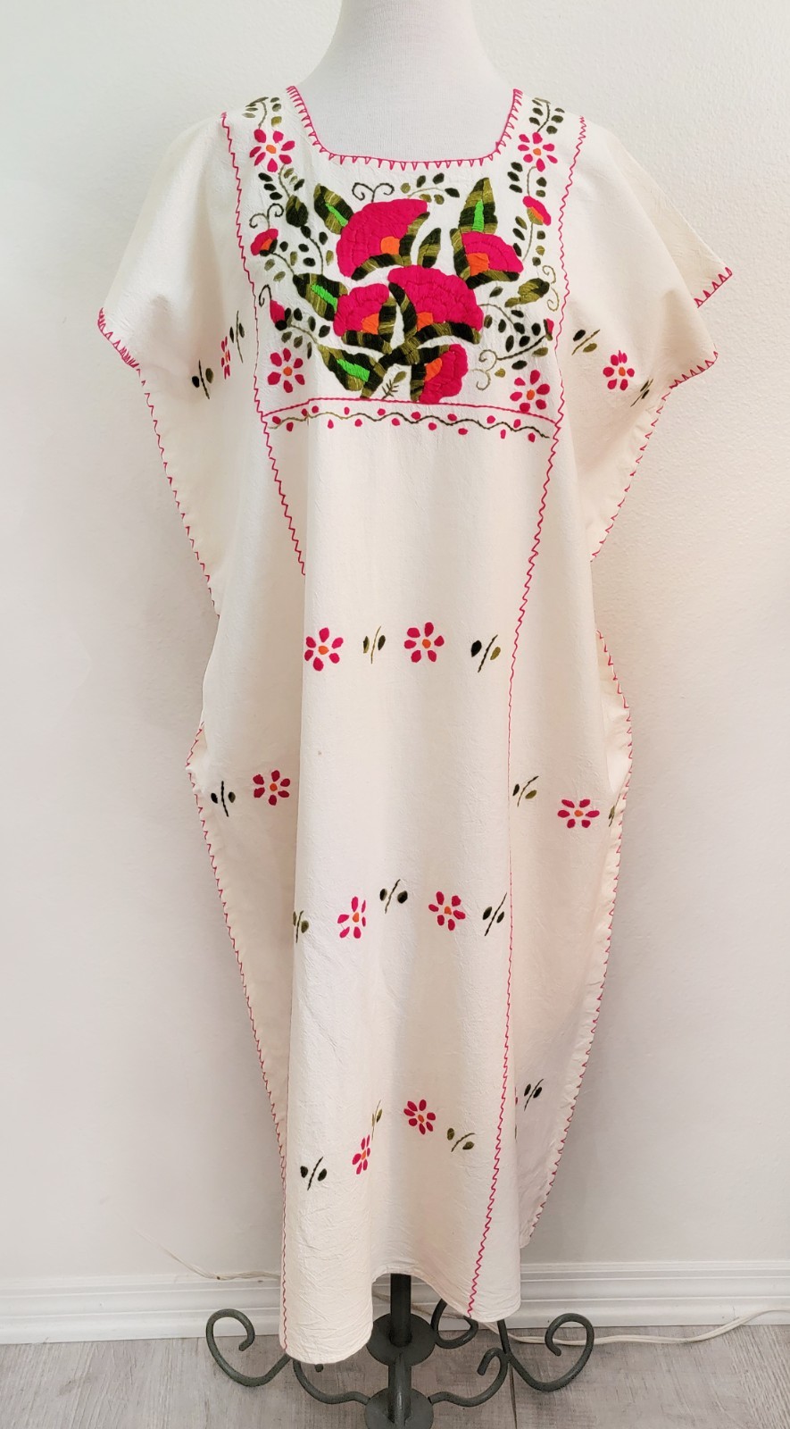 Vtg Boho OAXACAN Mexican Cotton Peasant Maxi DRESS Pretty Floral Hand Embroidery