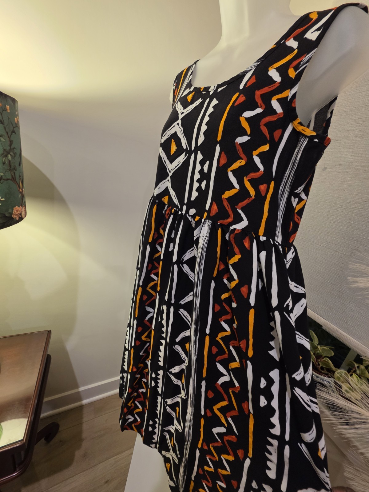 Midi Sun Dress Black Orange White Geometric Print Sleeveless M VTG
