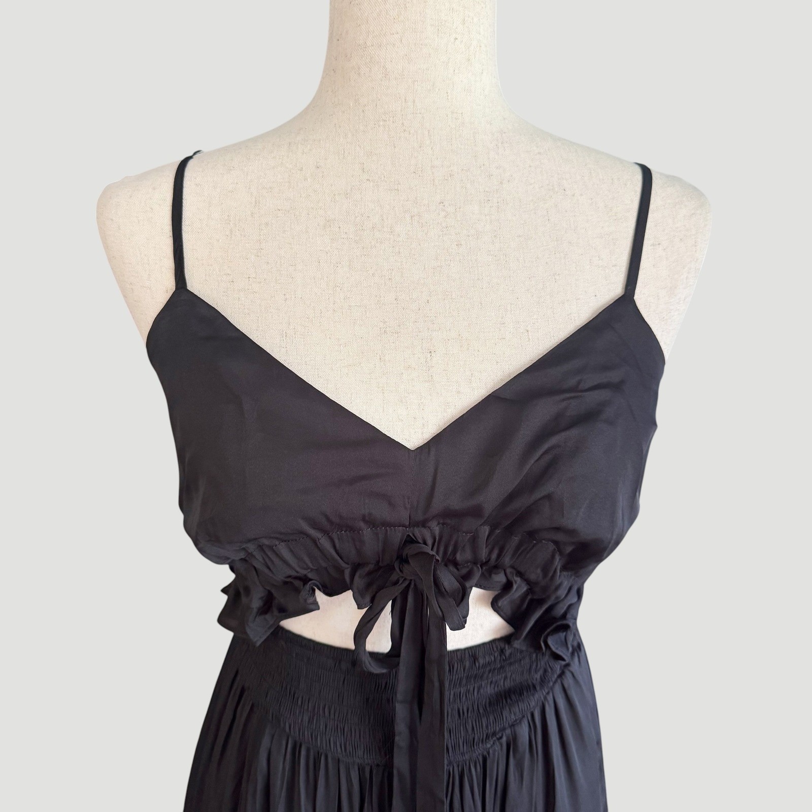 Boho Chic Goth summer Flowy Black Tiered Maxi Dress Cutout Tie Front Small NWT