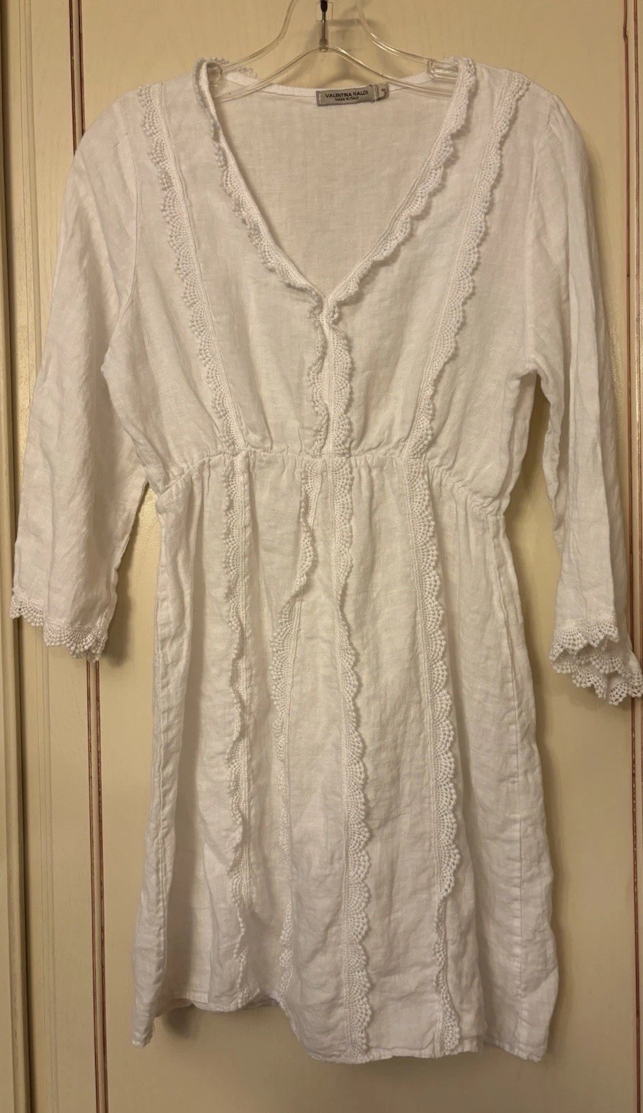 Valentina Naldi Women’s Linen Embroidered Lace Boho Short White Dress Small