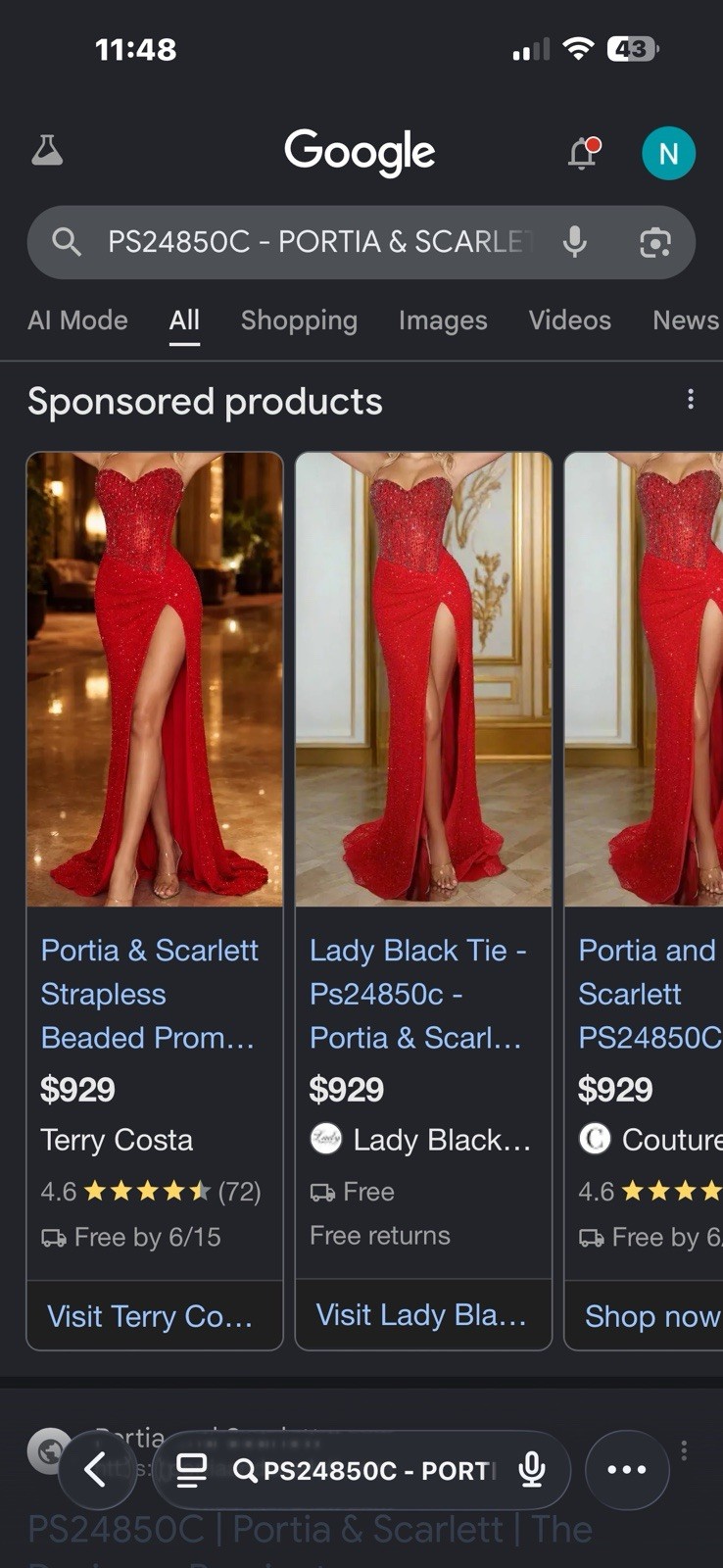 Portia & Scarlett PS24850C Red Strapless Beaded Sequin Long Gown 14 Slit