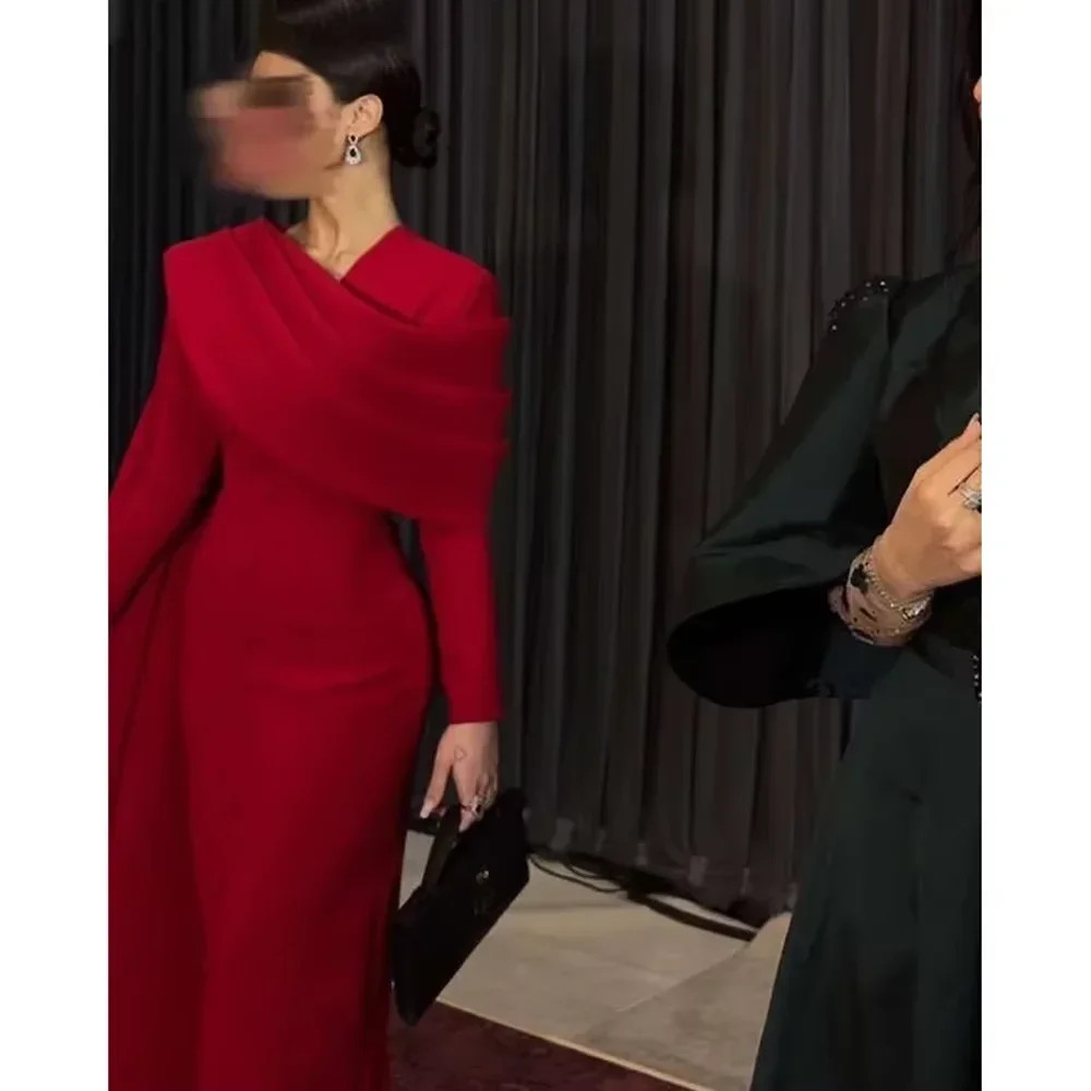 Customized Elegant Red Womens Dresses Long Sleeves Pleated Straight Ankle Length