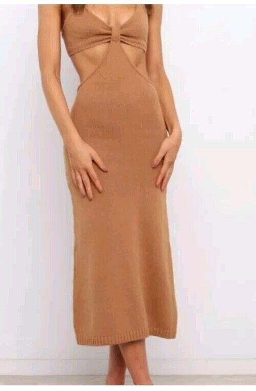 Petal and Pup Hailey Cut Out Dress 10 Brown Knit Tie Back