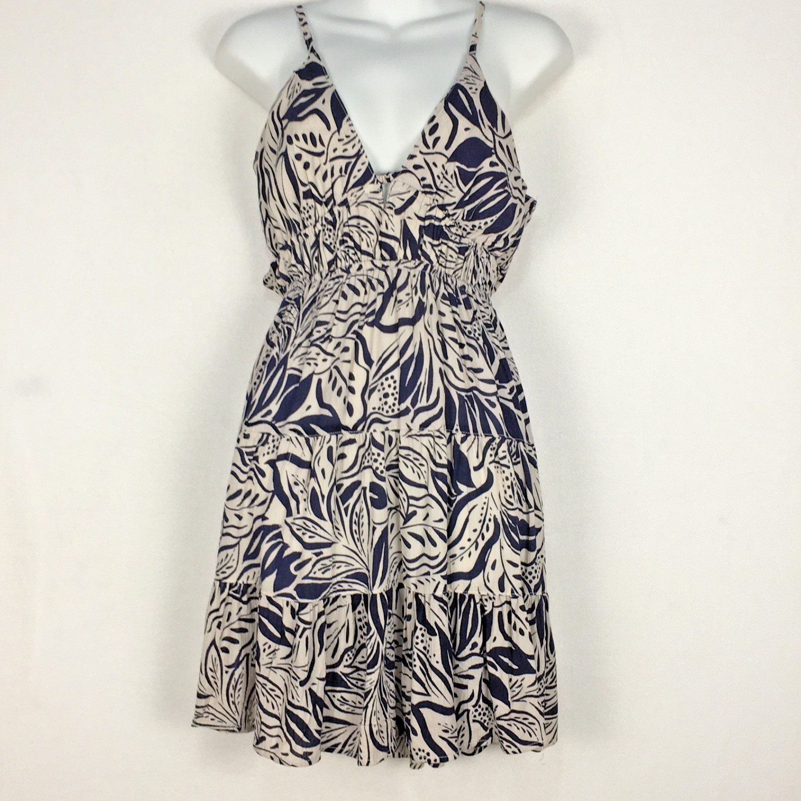 Angie Mini Dress S Navy Blue and Ivory Floral Smocked Waist Tiered Sundress