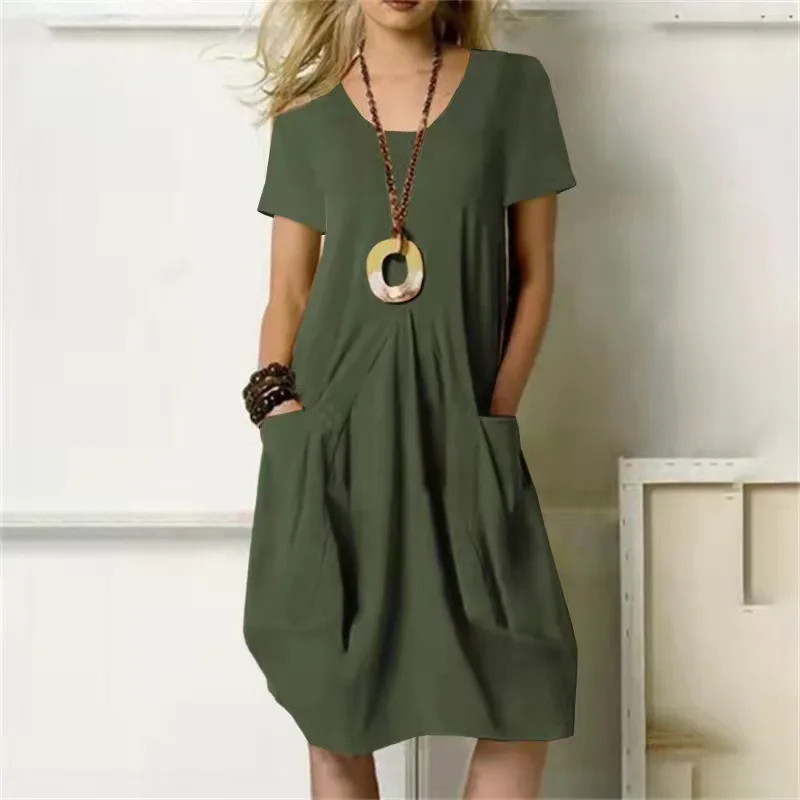 Women Round Neck Short Sleeve Double Pocket Loose Cotton Linen Knee Length Dress