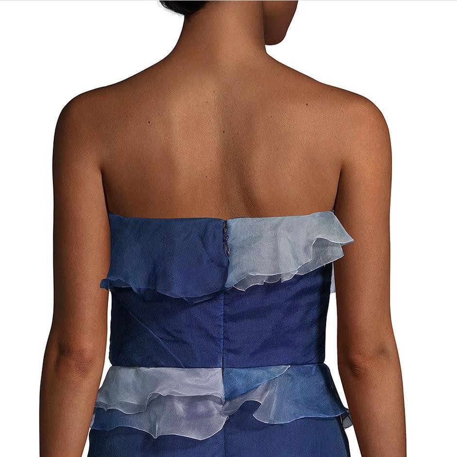 MARCHESA Ombre Strapless Flower Ruffled Tiered Silk Cocktail Dress, 2 Blue