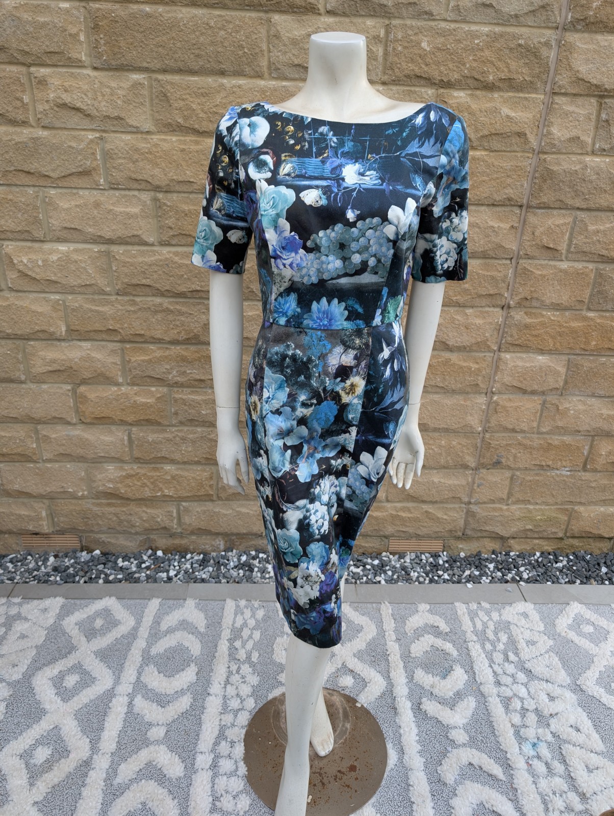 UNTOLD Floral Wiggle Dress Blue Digital Print Bodycon Occasion Wedding Guest 12