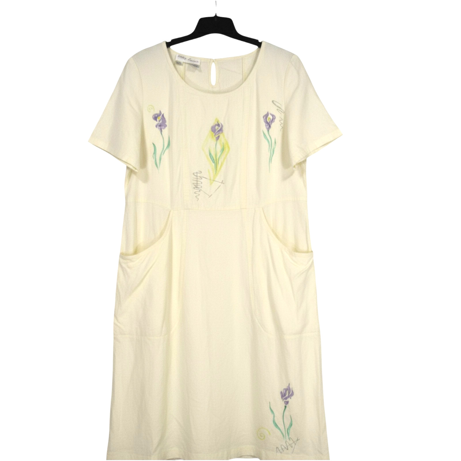 VTG BETSY LAUREN Ivory LINEN BLEND Pockets FLORAL DESIGN Shift Dress Sz 14W
