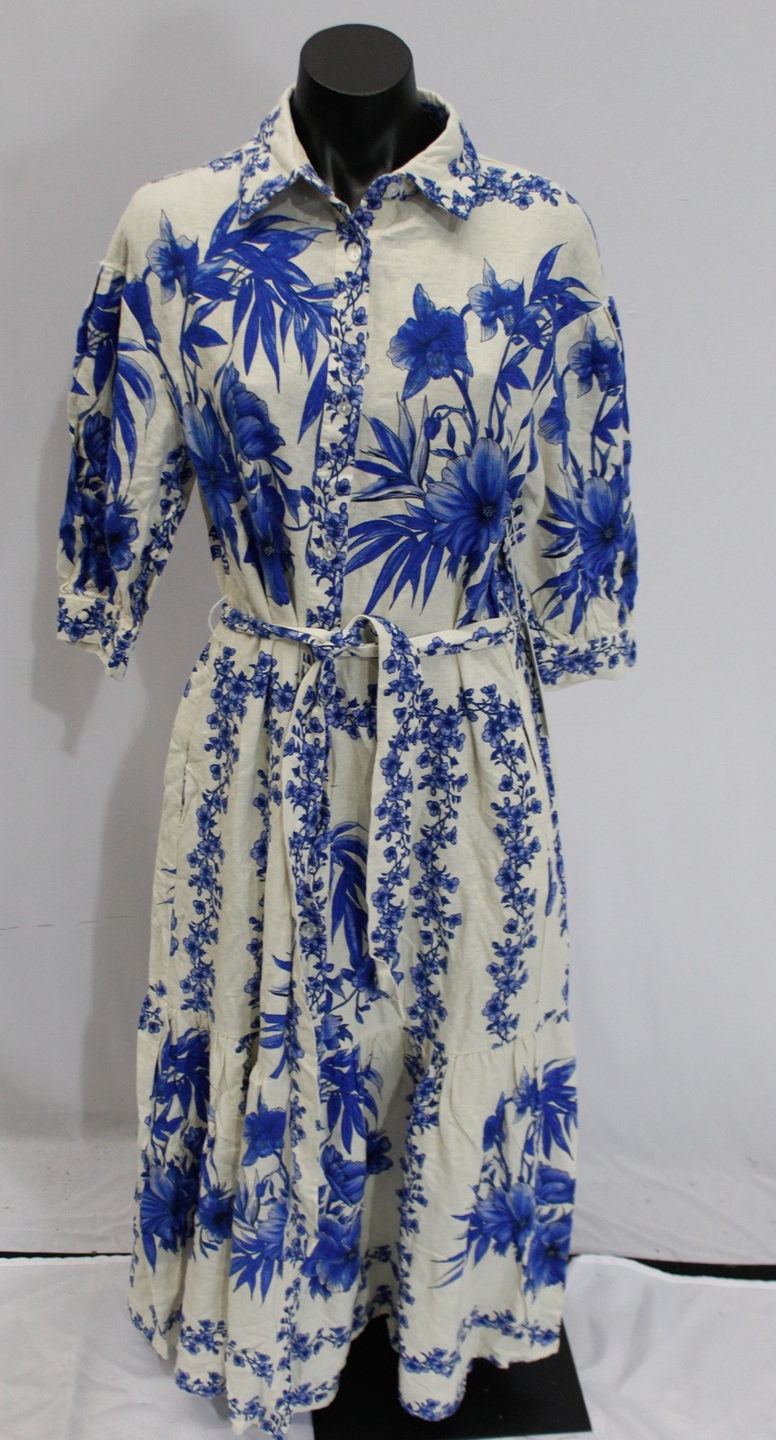 Calypso St. Barth Women’s Linen Blend Belted Maxi Dress BE5 White/Blue Medium