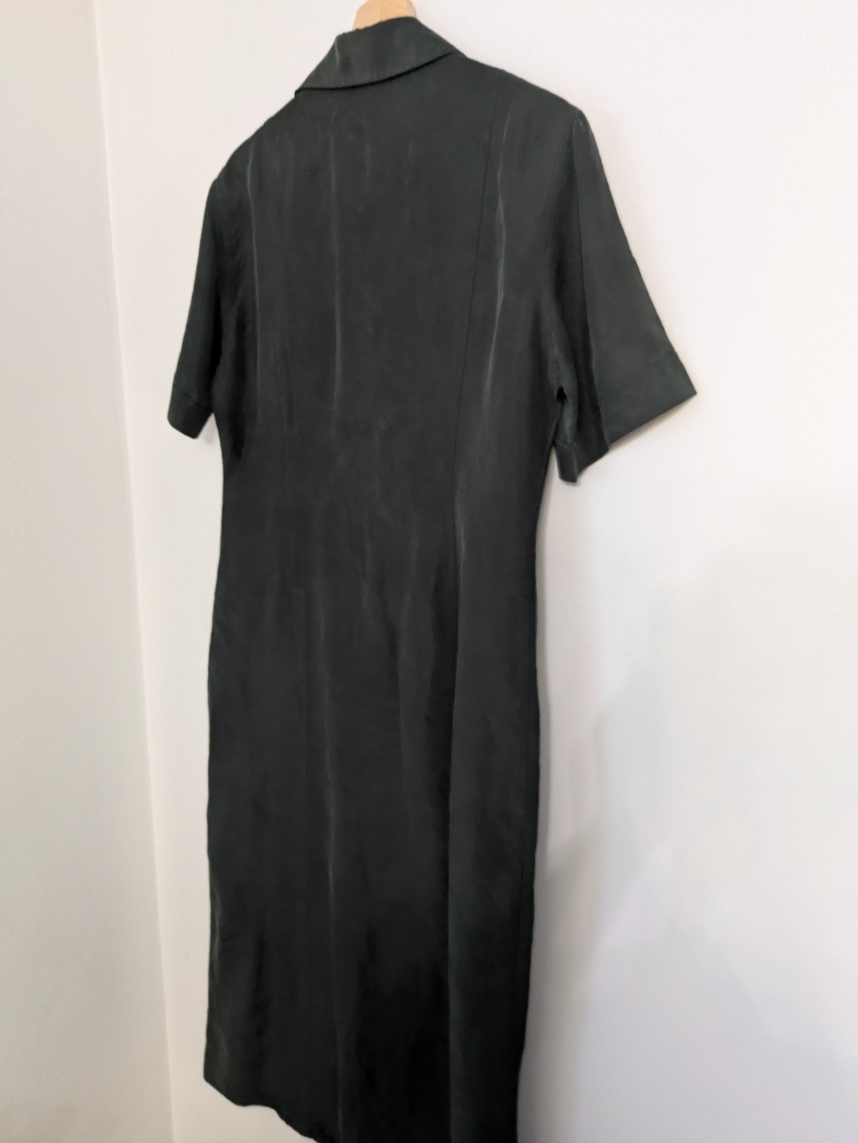 Pura Seta 100% Silk Black Button Front Collared Maxi Shirt Dress L Pockets