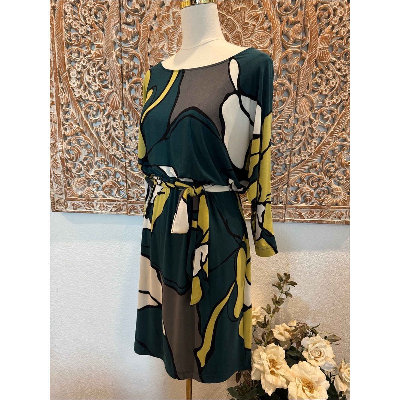 Max & Cleo Jersey Stretch Midi Dress Abstract Green Floral- size S