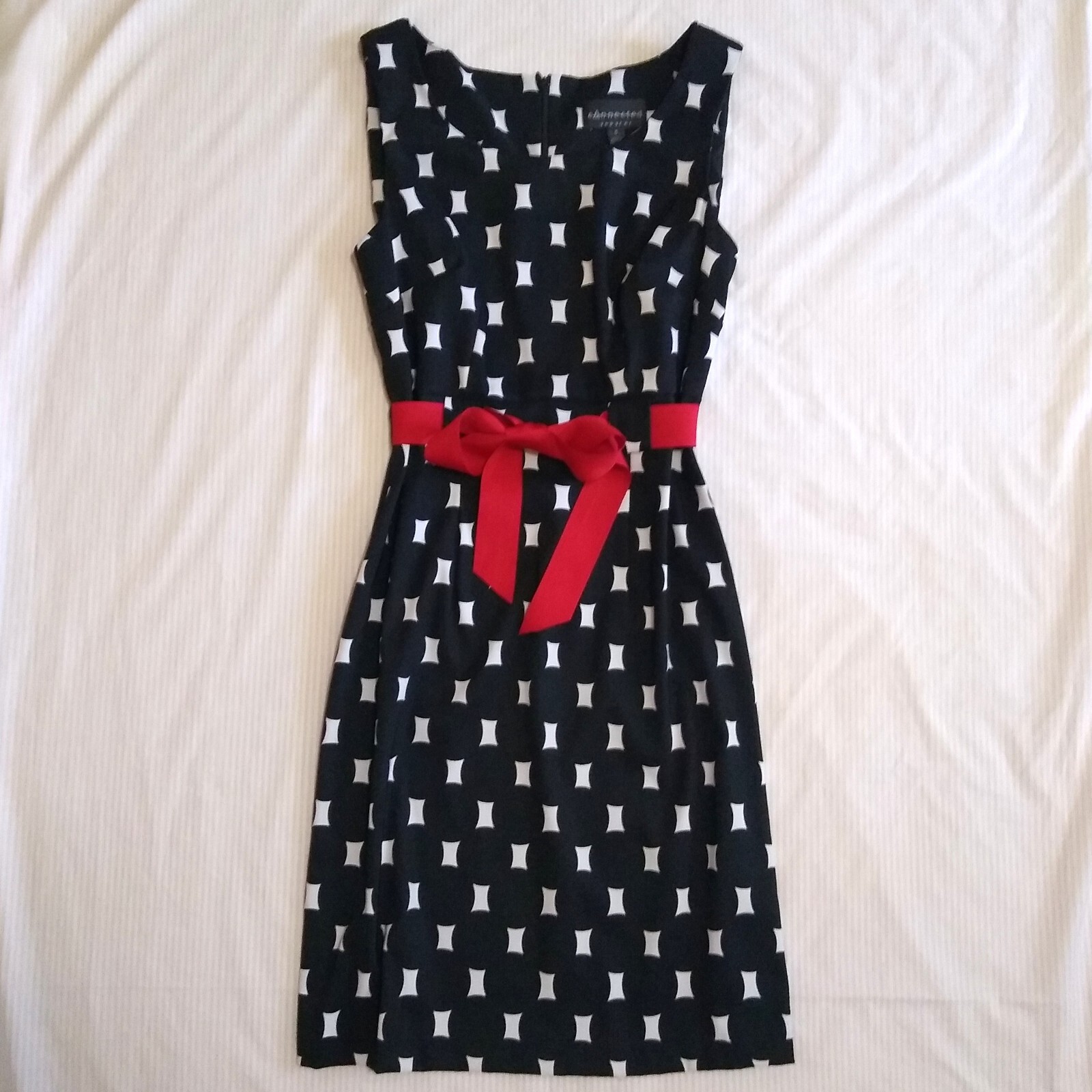 Pencil Dress Black and White Polka Dots Sleeveless Sheath Red Bow Sash NWOT S 6