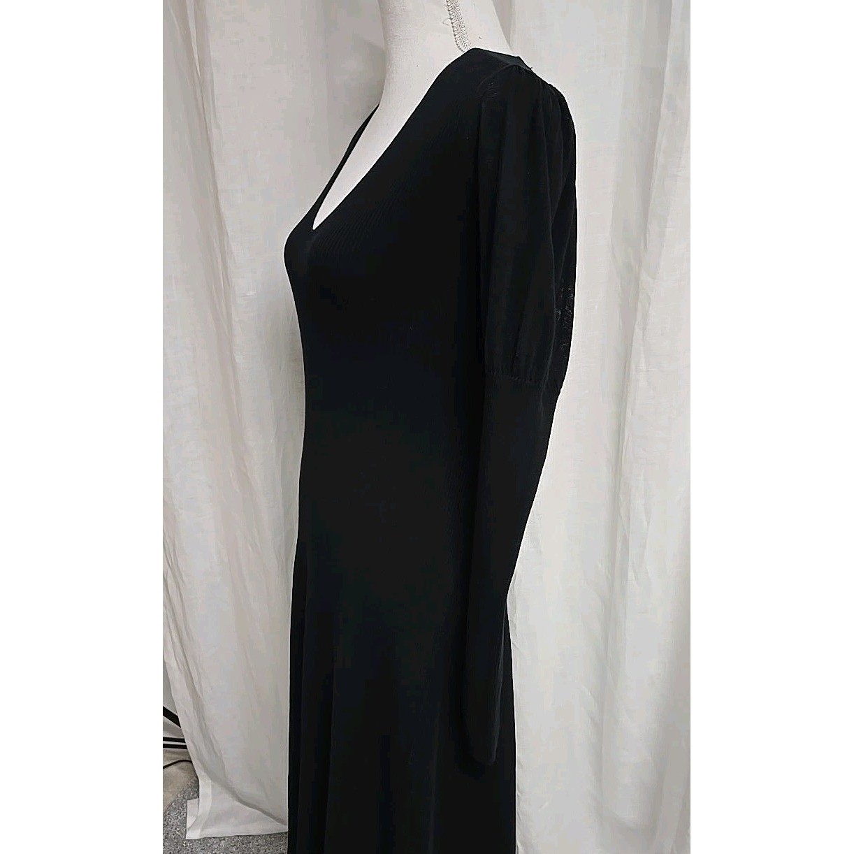 REBECCA TAYLOR Ribbed Knit V-Neck Puff Sleeves Midi Dress Stretch Black Size S