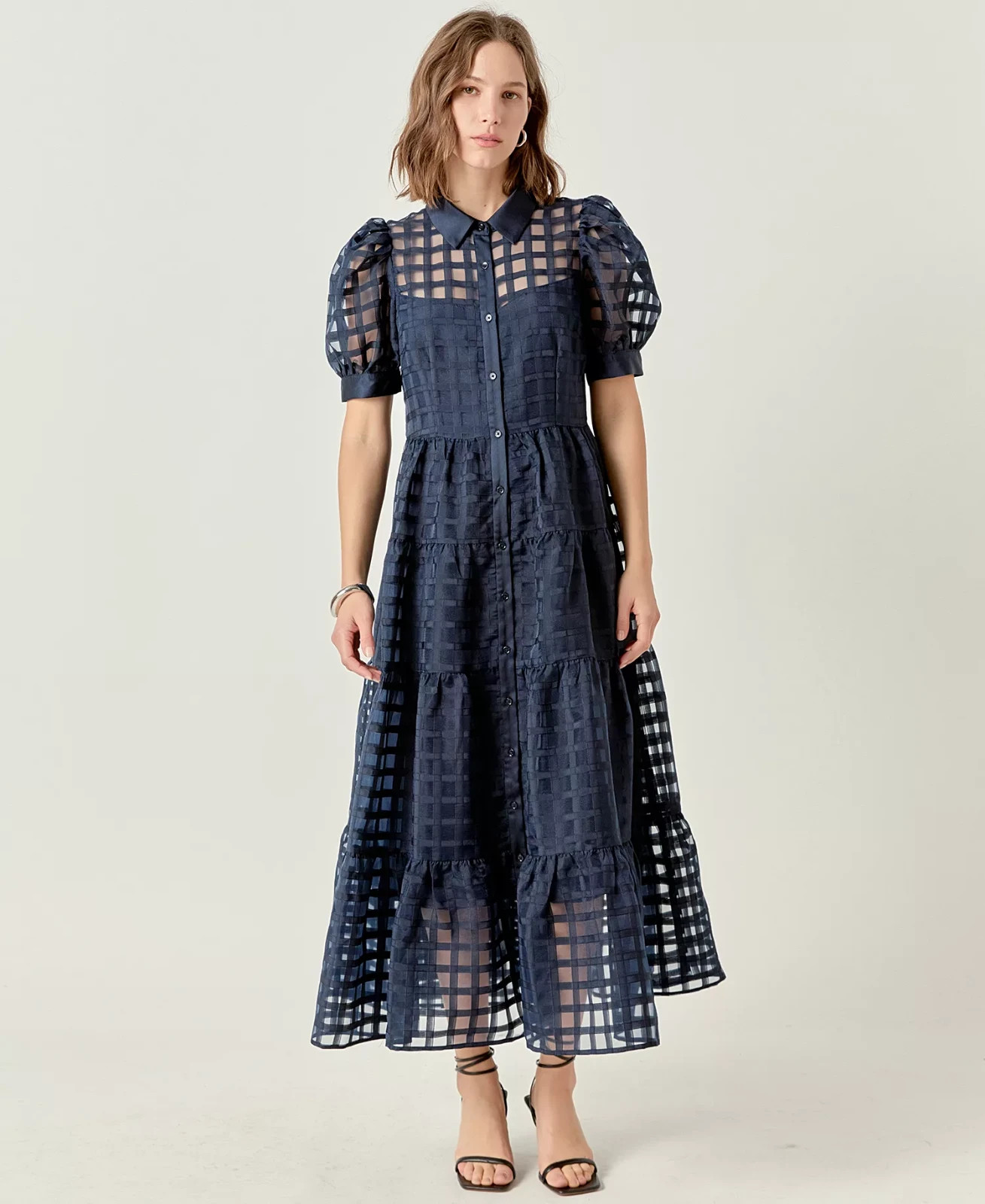English Factory Women’s Gridded Organza Tiered Maxi Dress Dark navy Size Large