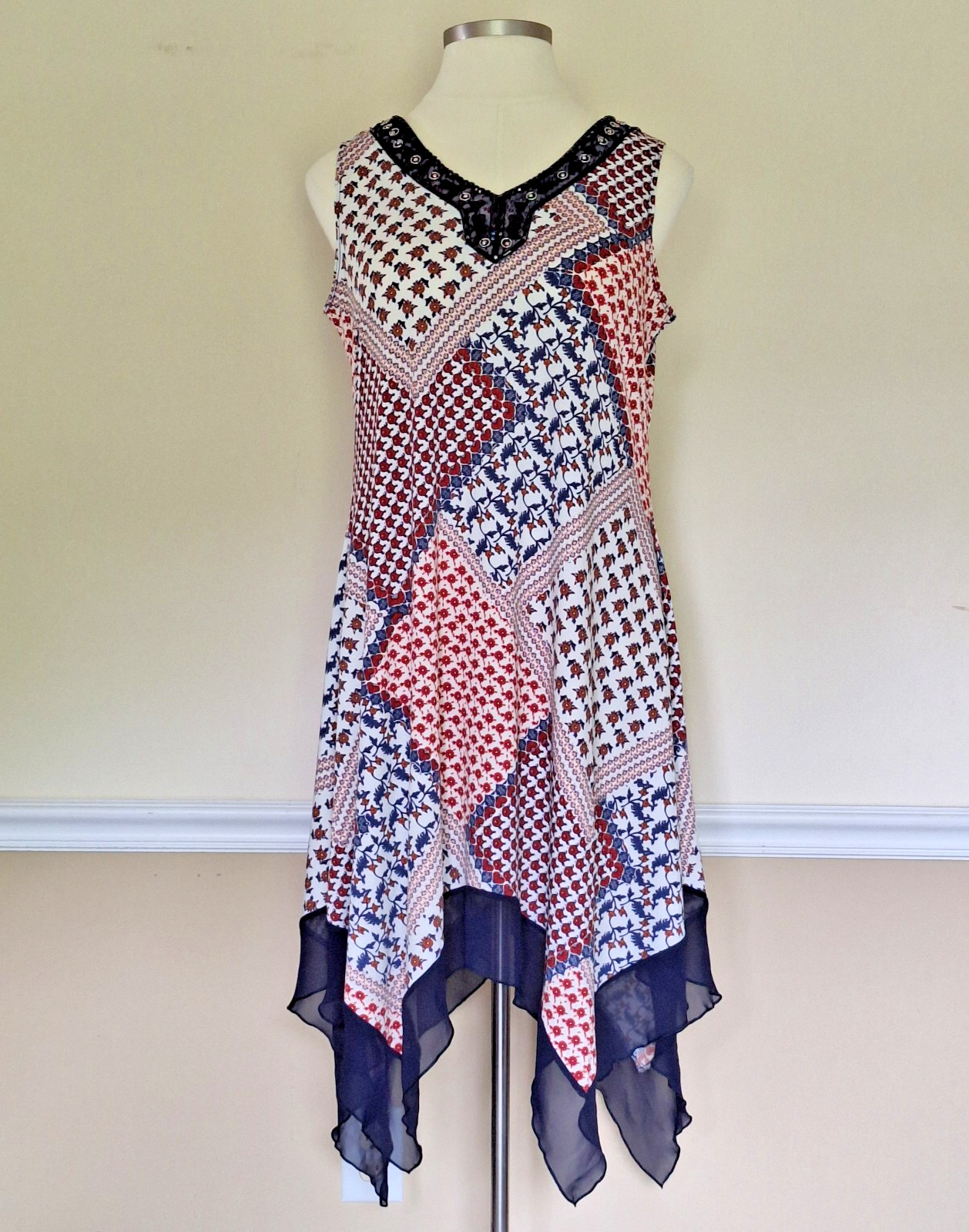 PerSeption Women Geometric Floral Patchwork Handkerchief Hem Stretch Dress 1X