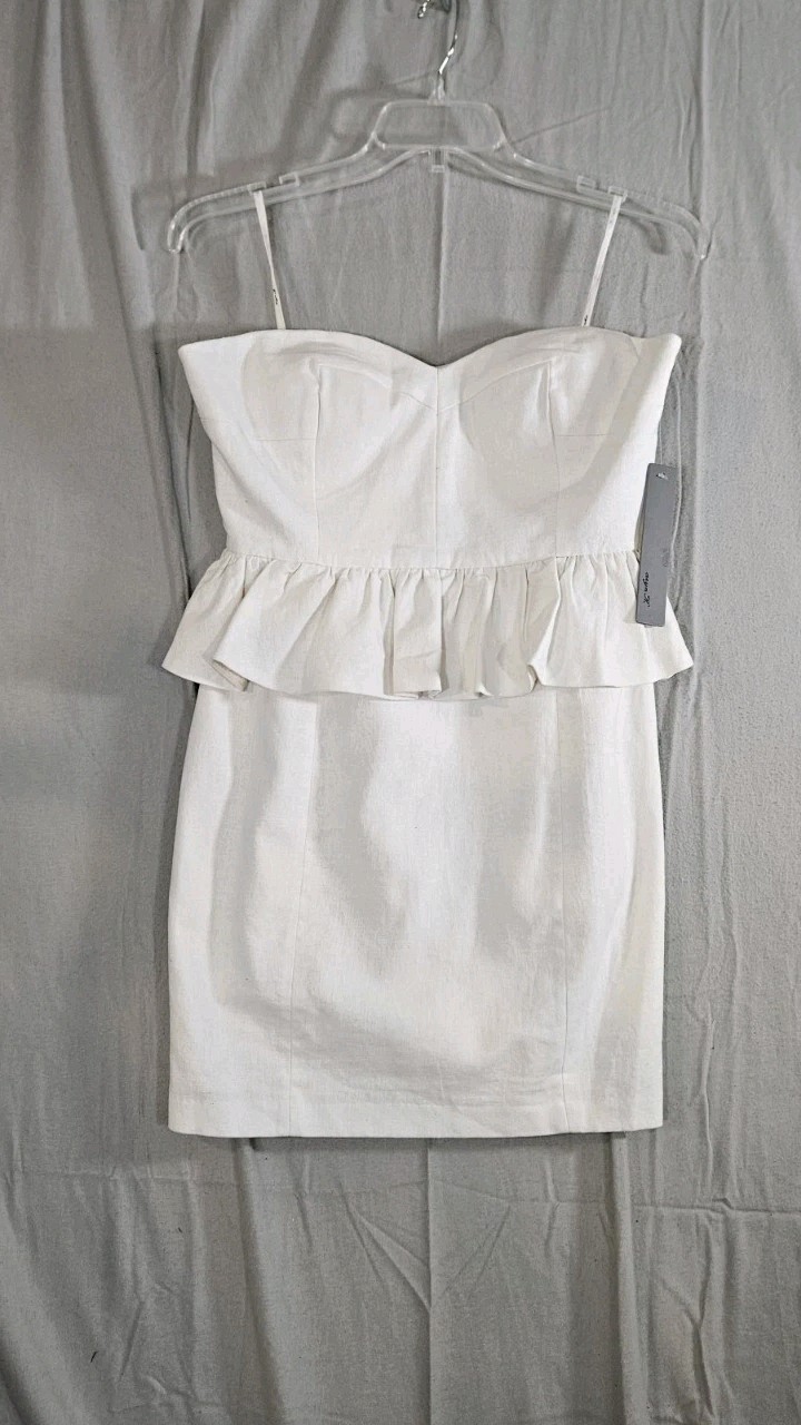NWT! Aryn K Pep it Up Size Large Strapless Ivory Peplum Dress Linen Blend