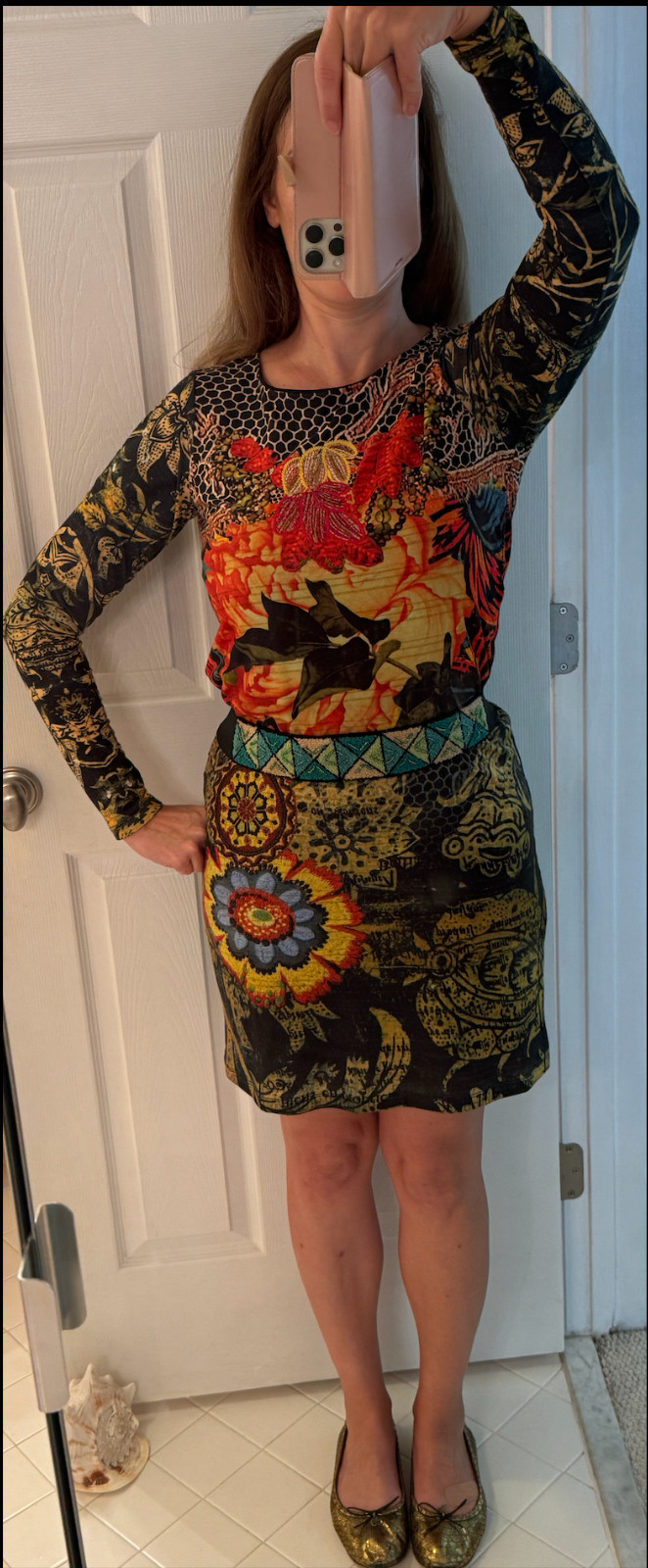 DESIGUAL by CHRISTIAN LACROIX Embroidered Floral Print Dress Beaded Belt Size S