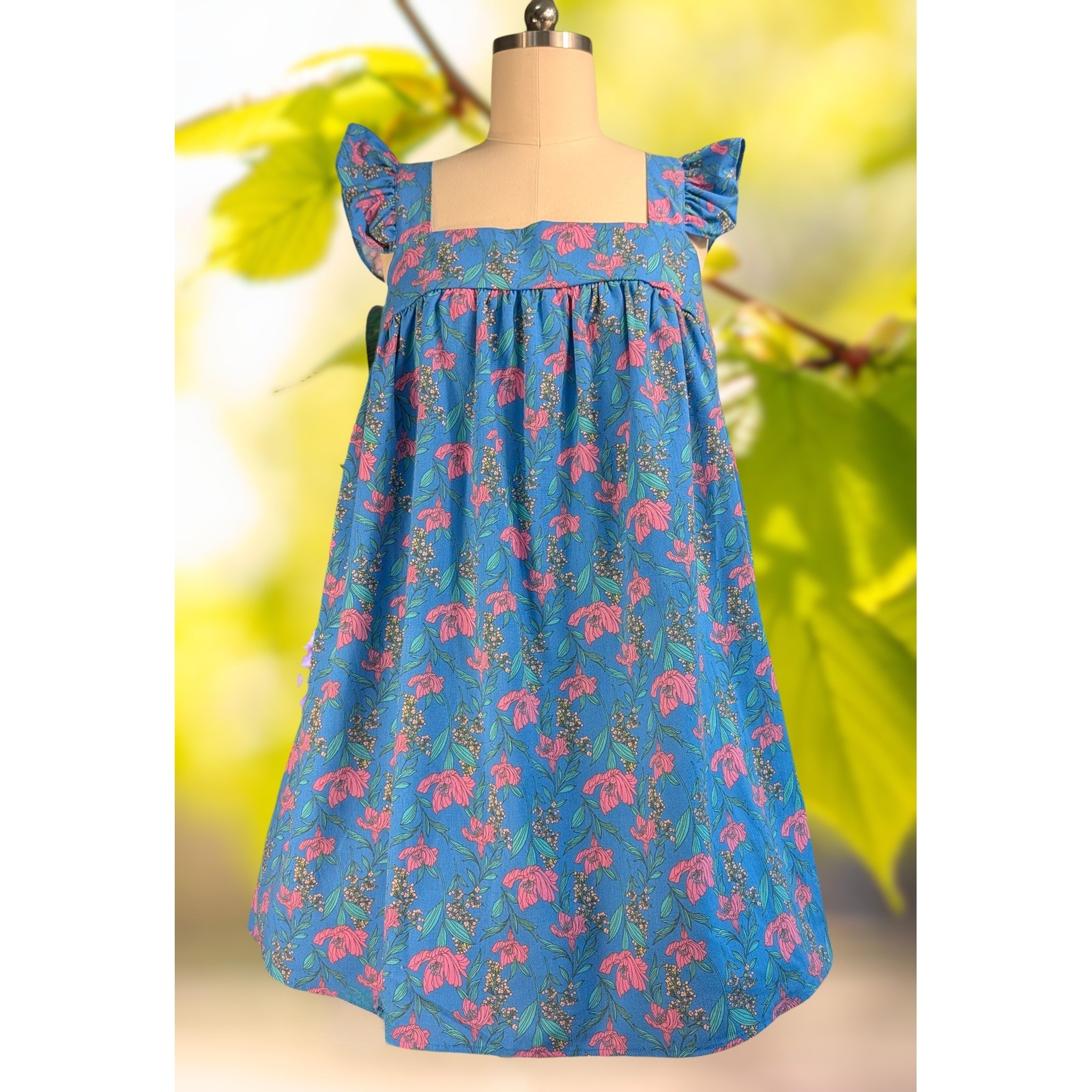 Perch by Blu Pepper Blue Pink Floral Babydoll Dress Ruffle Sleeve