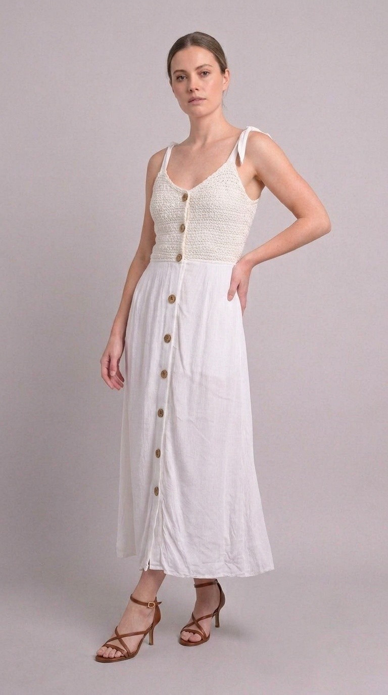 Jessica Simpson White Boho Crochet Top Midi Sundress Tie Back Pockets Size S