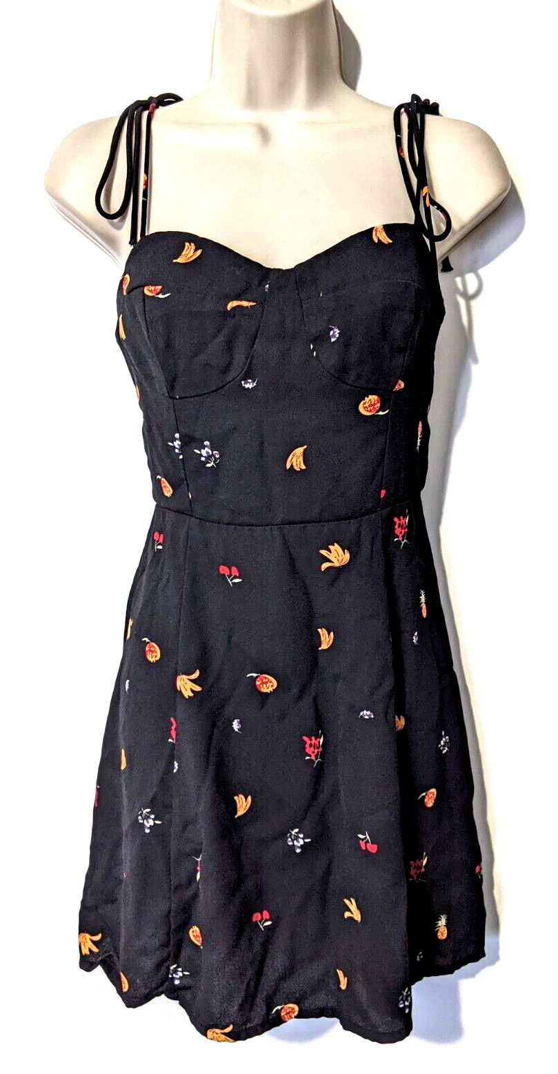 NLW Women’s Fruit Pattern Strap Mini Dress Sz Medium 100% Poly Back Zip EUC