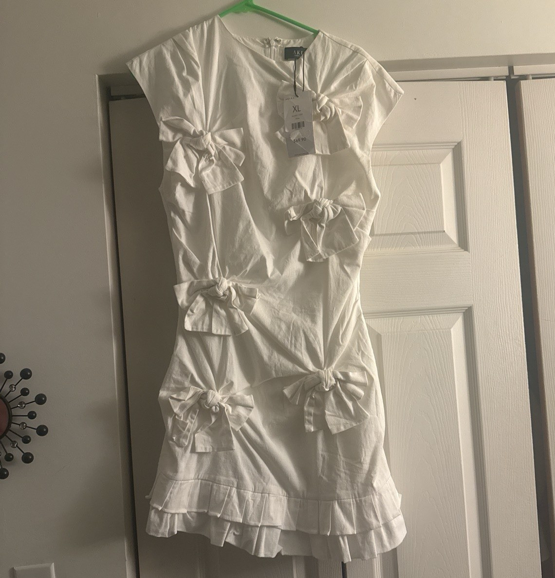 AKIRA Women’s White Solid Shift Dress Bow Ruffle Crew Neck Short Sleeve XL