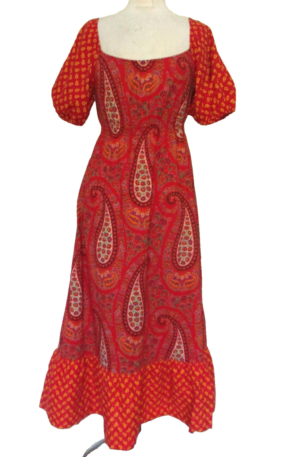 Vintage 70s Dale California Paisley Print Maxi Dress Boho Prairie Red Orange S