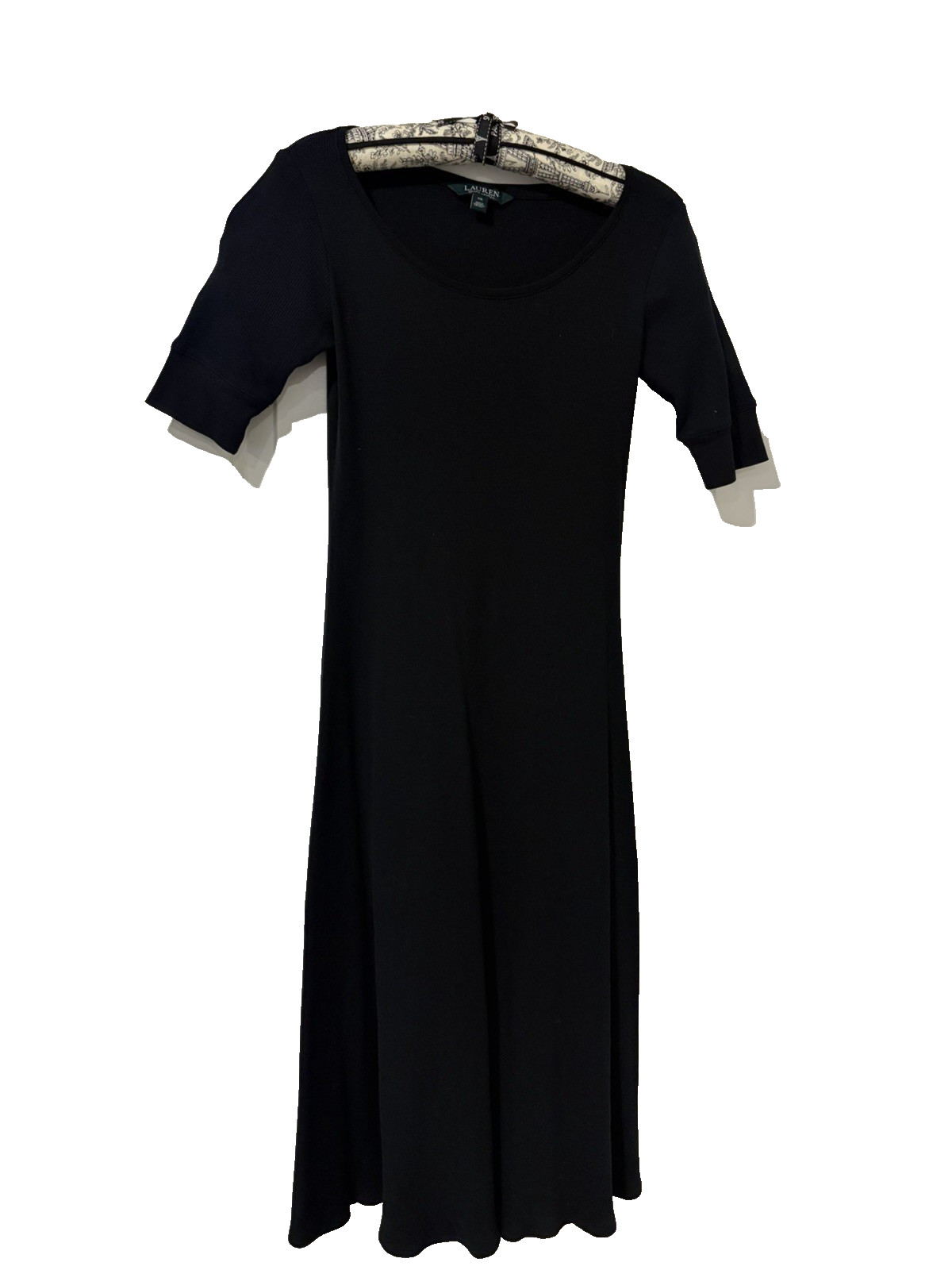 Lauren Ralph Lauren Black Cotton Waffle Knit Midi Dress ~XS~A-Line Short Sleeve