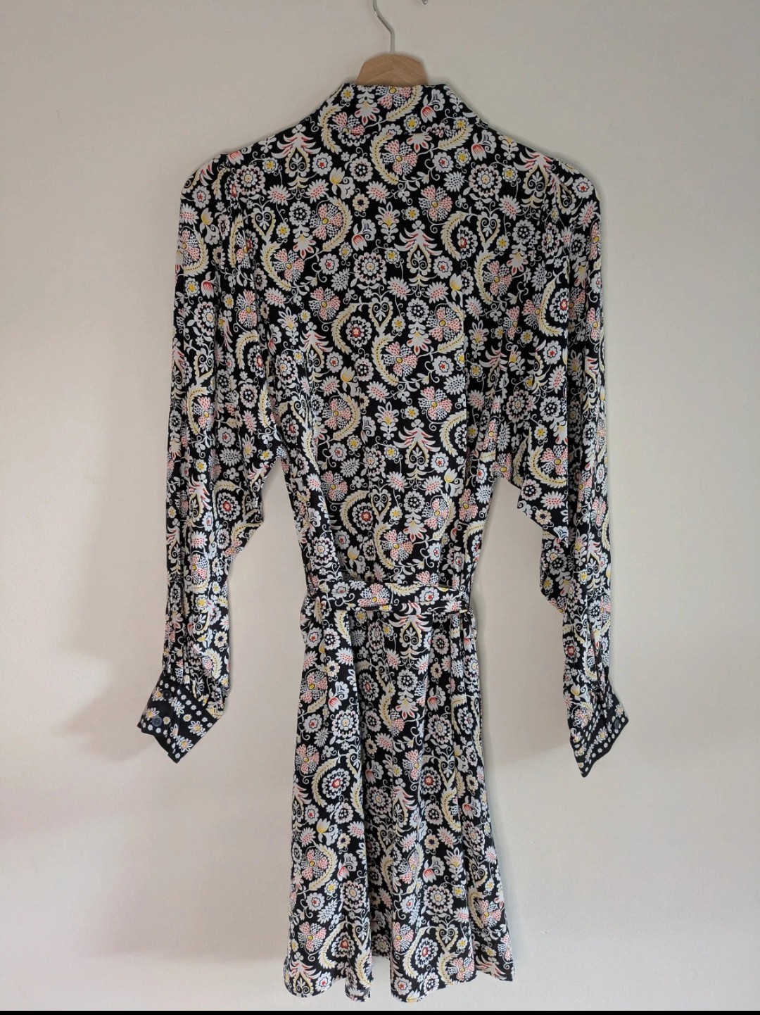 Boden UK 8 Paisley Coloured Mini Shirt Dress Floral Tie Waist Long Sleeve Black